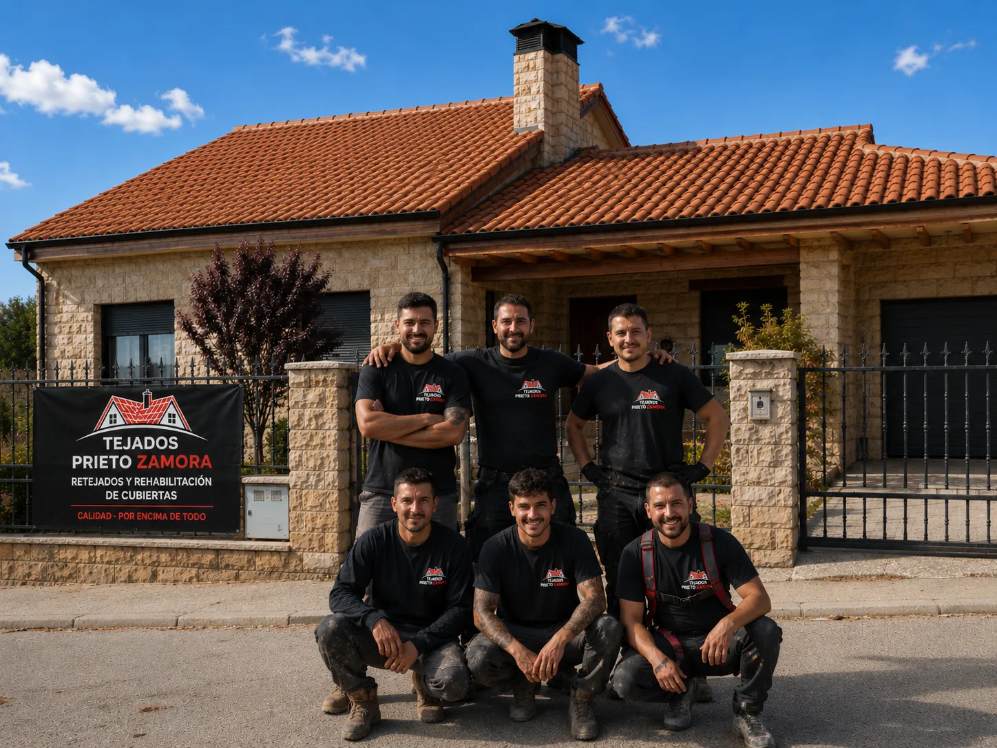 Construcción de un tejado de teja con andamio